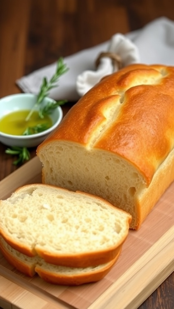 A golden crusted gluten-free bread loaf, sliced to show soft interior, on a wooden board with olive oil and rosemary.